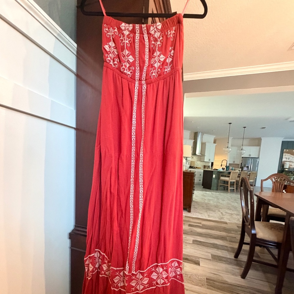 Red bohemian embroidered strapless maxi dress